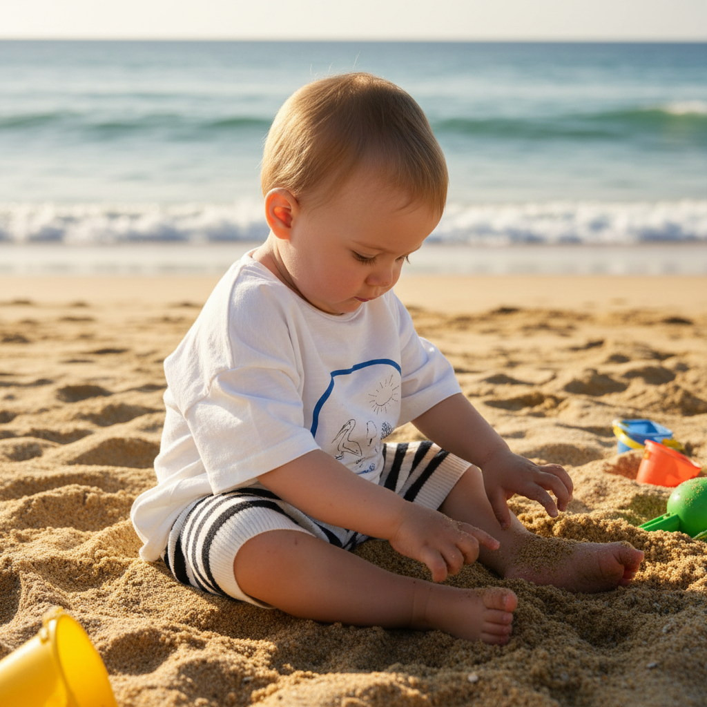 Baby in Pelican Tee Playing in Sand