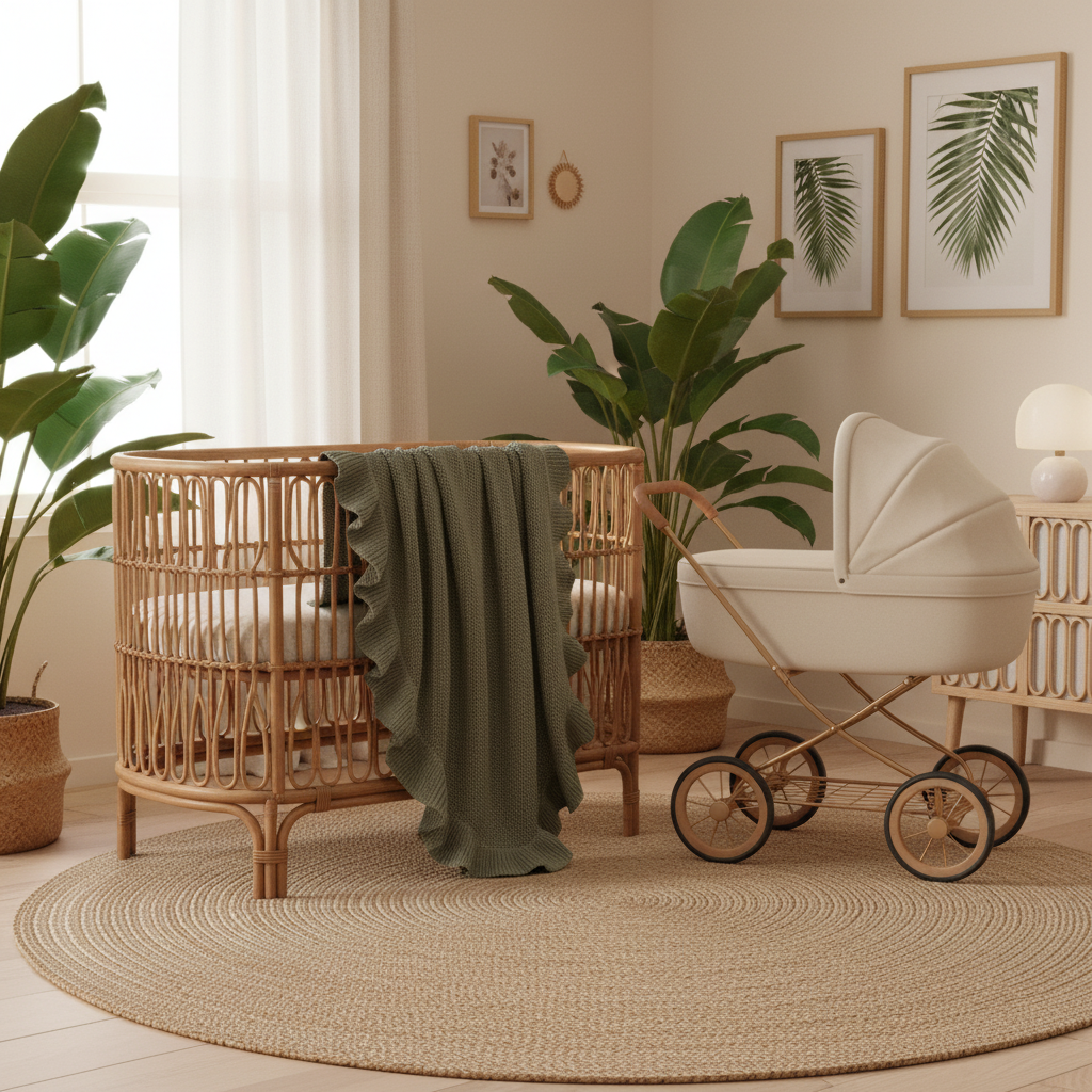 Baby Ruffle Blanket Draped Over Crib and Pram