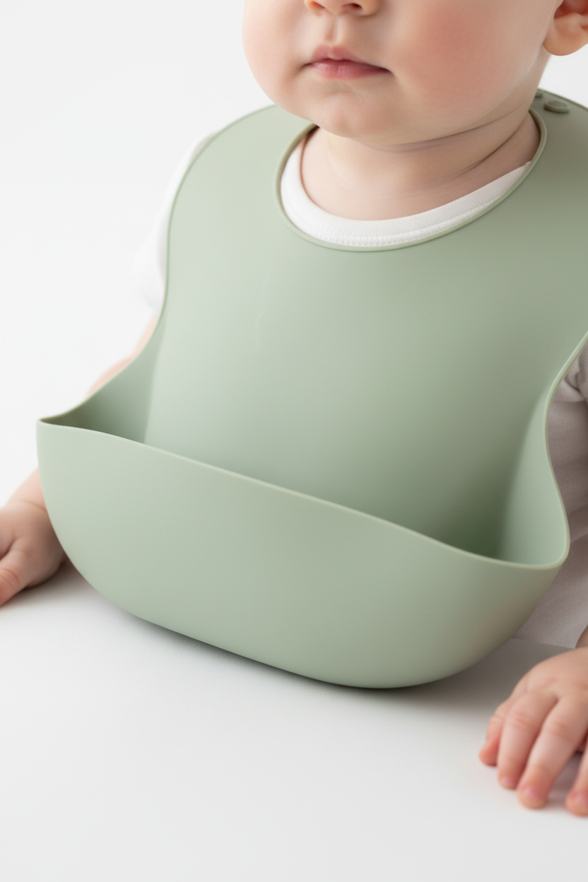 Close up of sage silicone bib showing deep front catch pocket