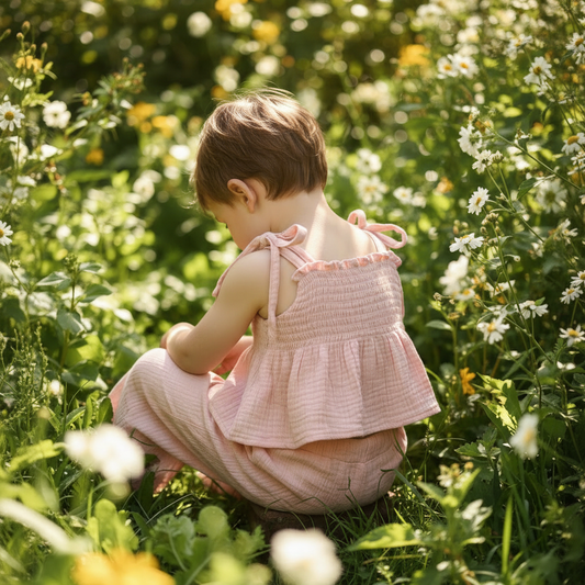 Child wearing musk pink Marshmallow Set sitting in garden showing outfit detail