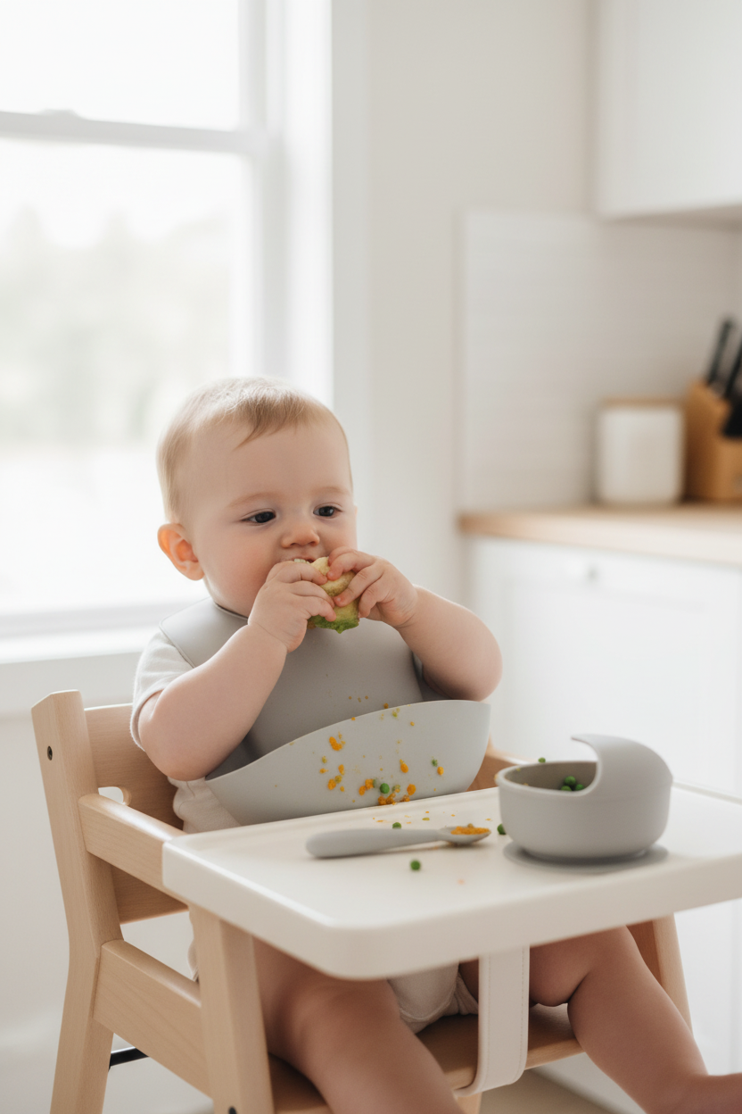 Baby wearing grey silicone bib at highchair during mealtime