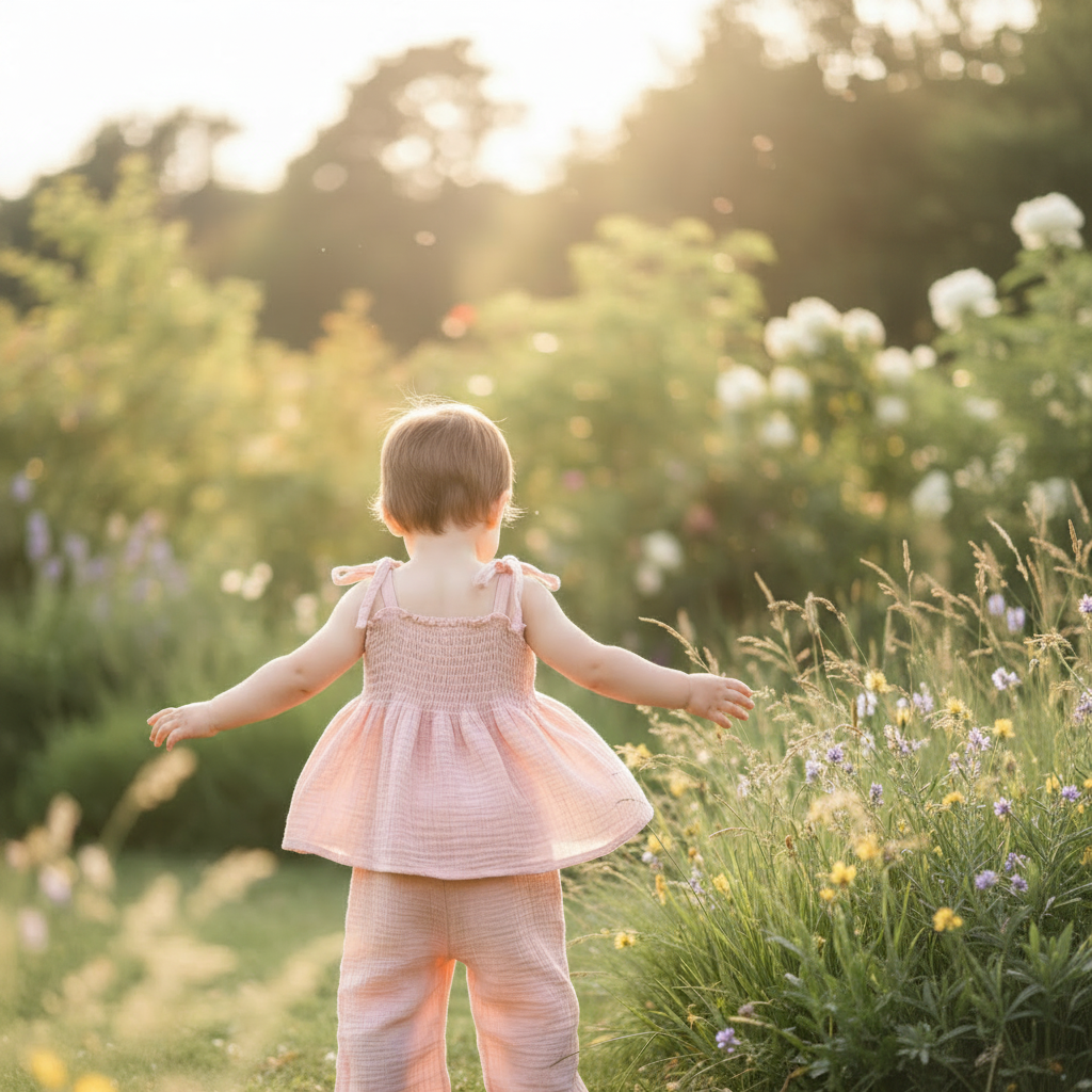 Child wearing musk pink Marshmallow Set from behind playing outdoors