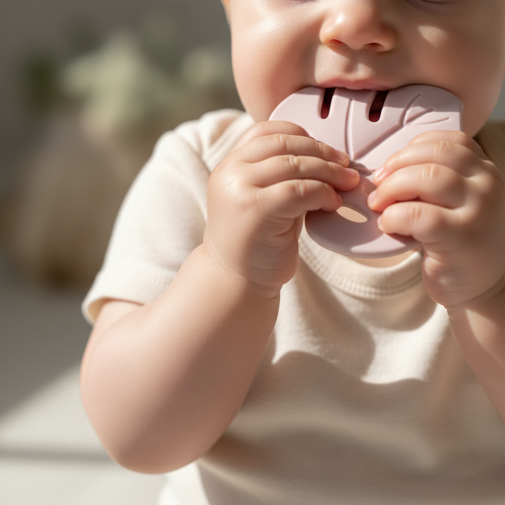 Close up of baby hands and chin chewing the Jungle Blossom Teething Toy, no face visible