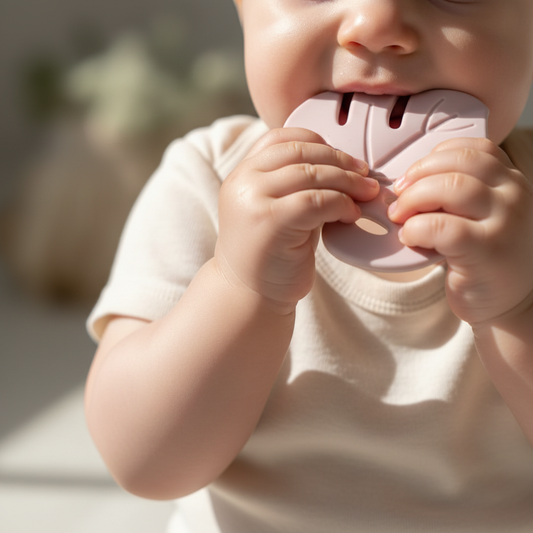 Close up of baby hands and chin chewing the Jungle Blossom Teething Toy, no face visible