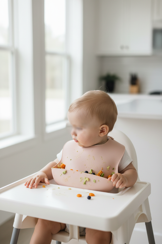 Baby wearing blush silicone bib at highchair during mealtime