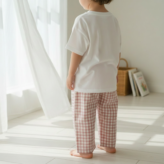 Child wearing soft cotton check marshmallow pants with relaxed loose fit and white tee
