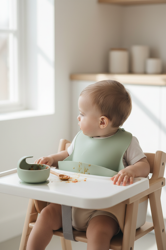 Sage silicone bib at mealtime